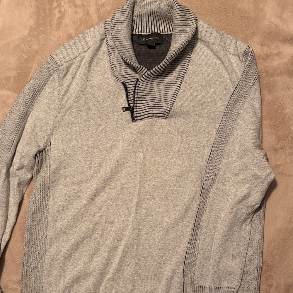 INC International Concepts Gray Turtleneck Sweater with Striped Collar